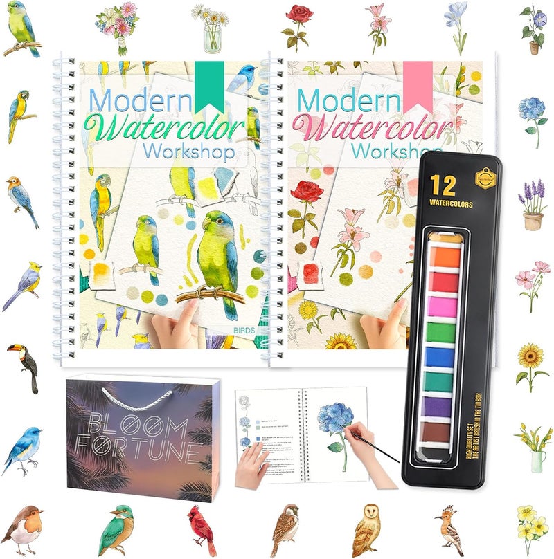 apolyone Watercolor Workbooks- 2 Pack Beginner Workbooks with 24 Coloring Book Pages - 12 Color blocks and a Brush - Watercolor Paper 300gsm/140lb - Gift for Women, Adults, Beginners (Birds & Flower) - Image 1
